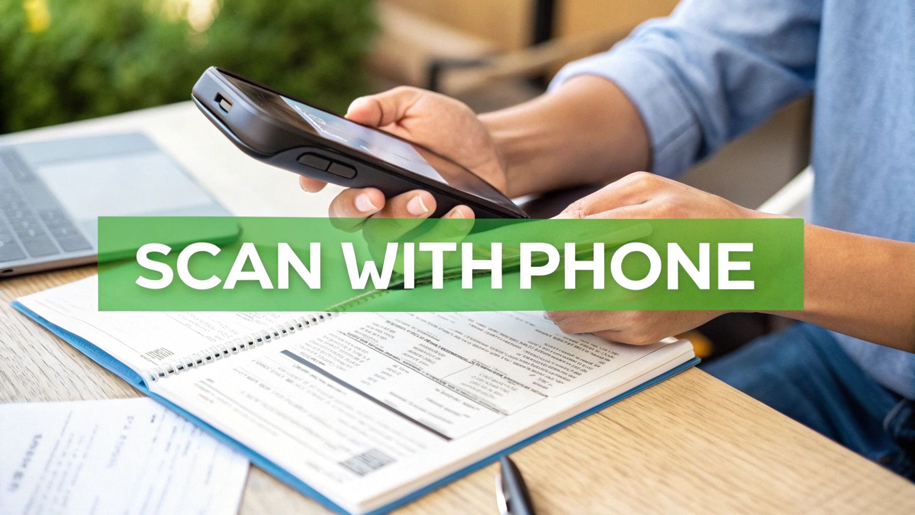 A person scans a document in an open notebook on a wooden desk using a smartphone.