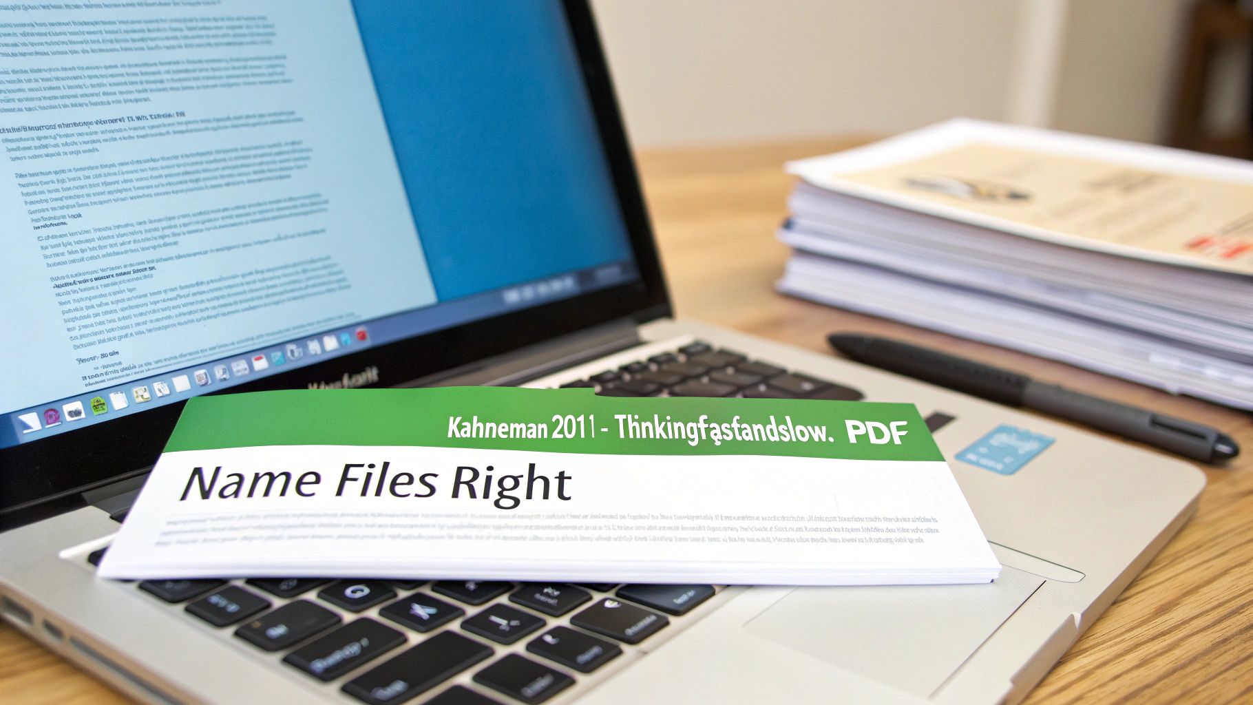 A laptop displaying a document, with a 'Name Files Right' booklet on the keyboard, symbolizing digital organization.