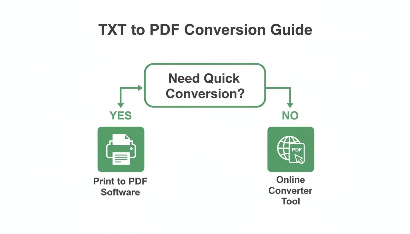A flowchart guides TXT to PDF conversion, suggesting print software or online tools.