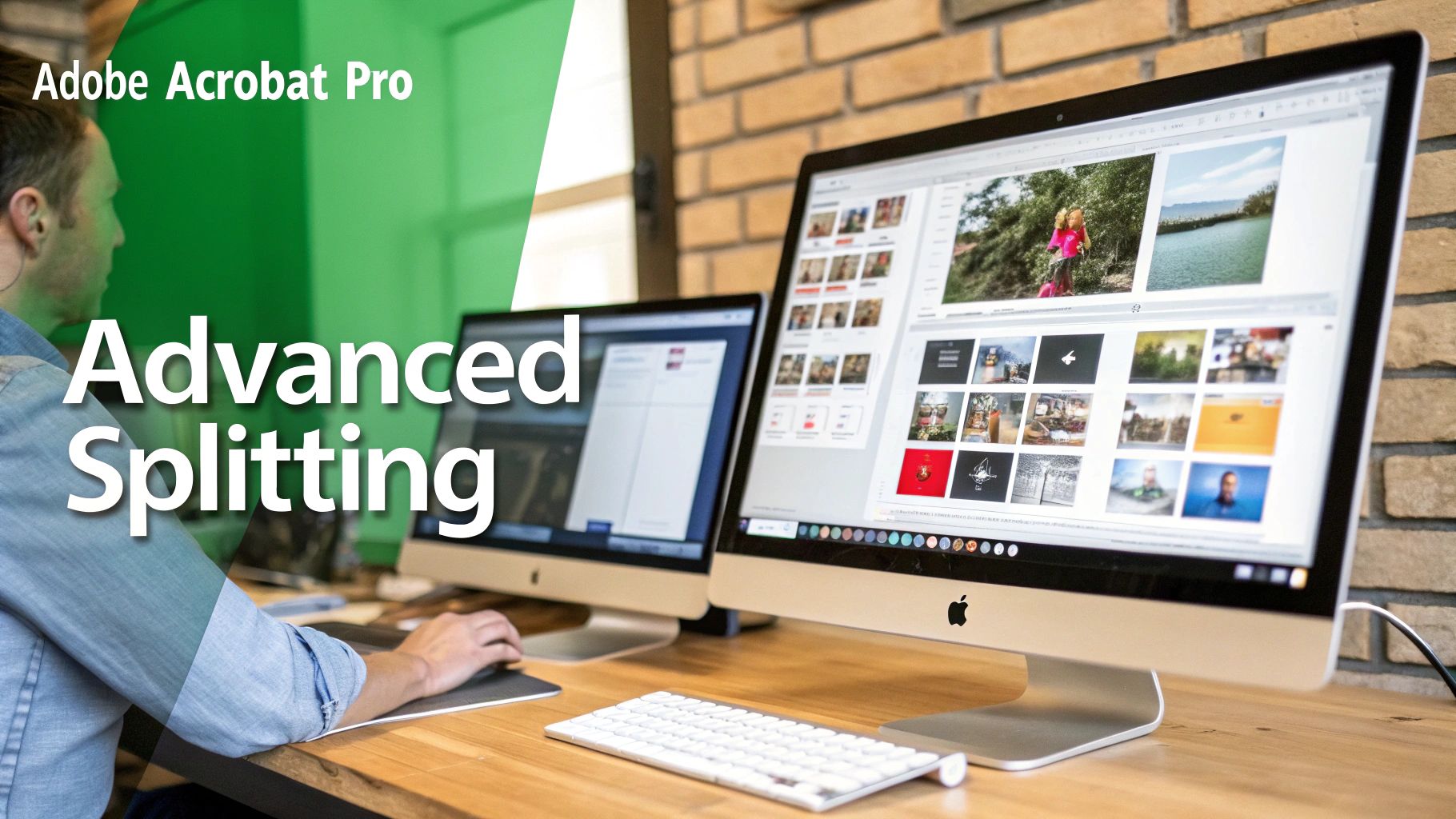 A person using two Apple iMac computers on a desk, with text 'Adobe Acrobat Pro Advanced Splitting'.