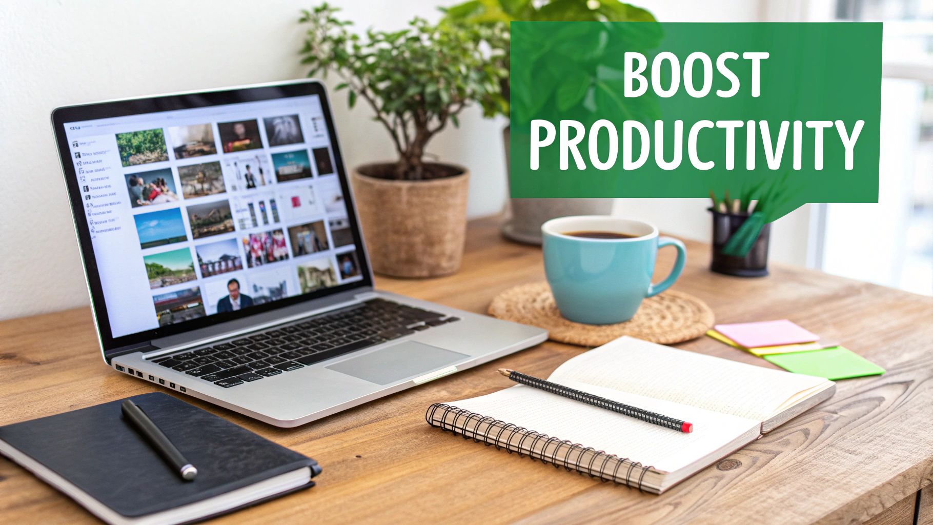 Un escritorio de madera bien organizado con una computadora portátil, café, plantas y cuadernos, promoviendo la productividad.