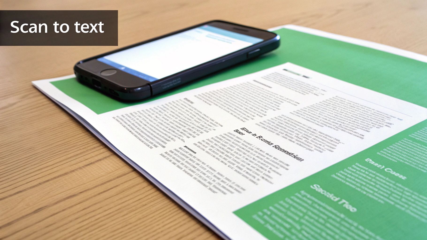 A smartphone lying on a document with visible text, demonstrating "Scan to text" functionality.