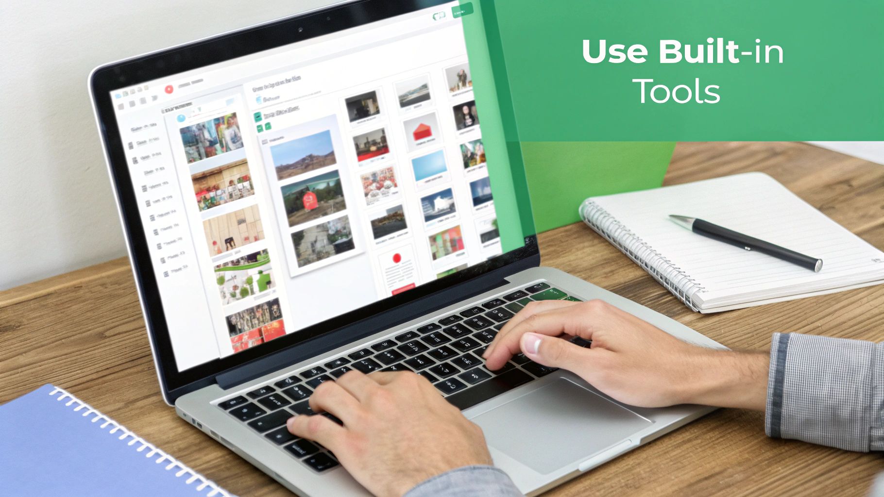 Una persona trabajando en una computadora portátil plateada, mostrando miniaturas de imágenes, con un cuaderno y un bolígrafo.