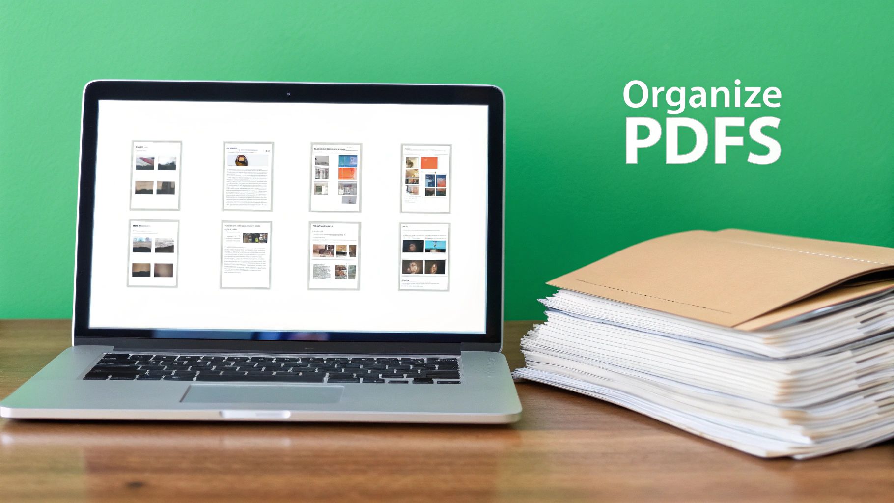 A laptop displaying multiple PDF documents, next to a stack of papers and a brown folder, on a wooden desk.