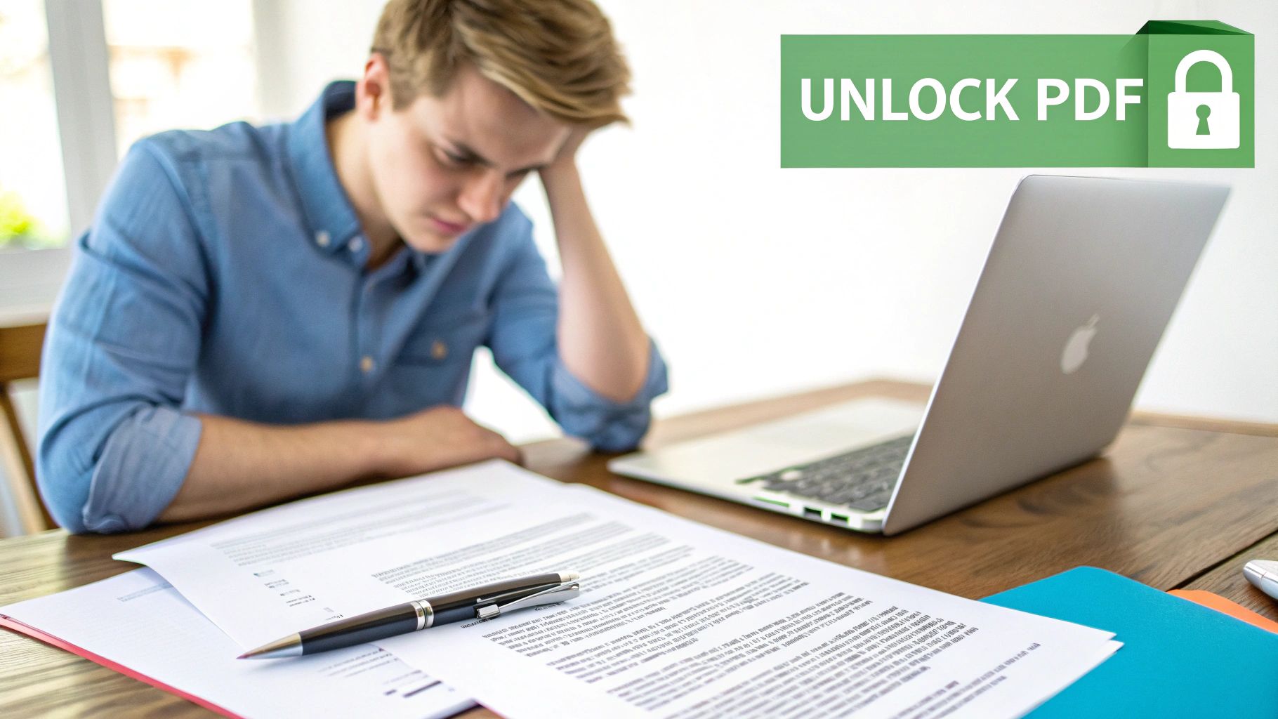 A stressed man at a desk with documents, a laptop, and an 'Unlock PDF' banner.