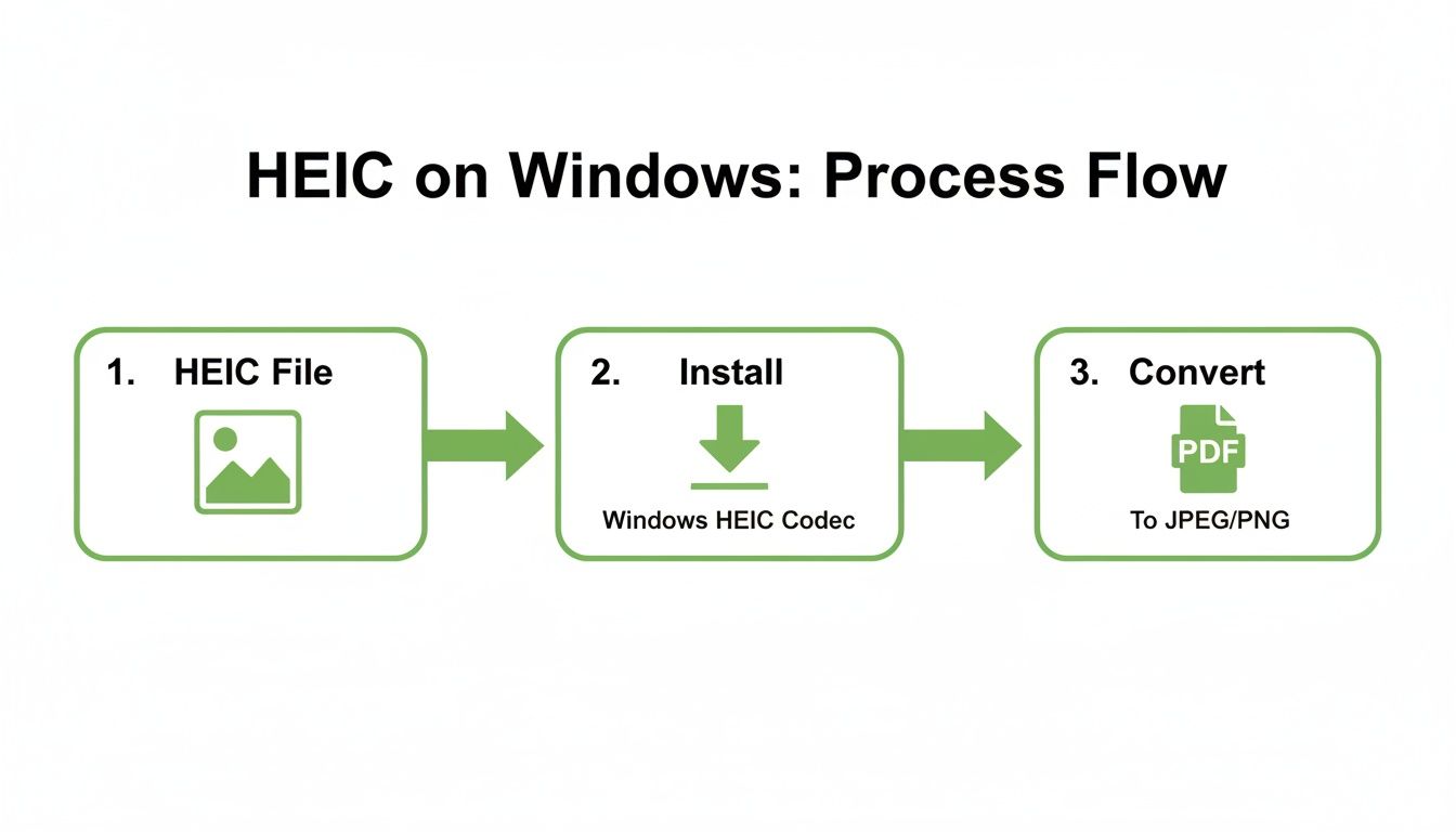 Guía paso a paso para manejar archivos HEIC en Windows, incluida la instalación del códec HEIC y la conversión.