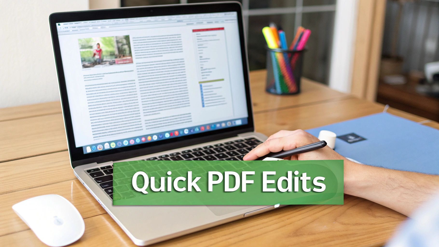 A person's hand with a pen interacting with a laptop displaying a document, alongside a mouse on a wooden desk.
