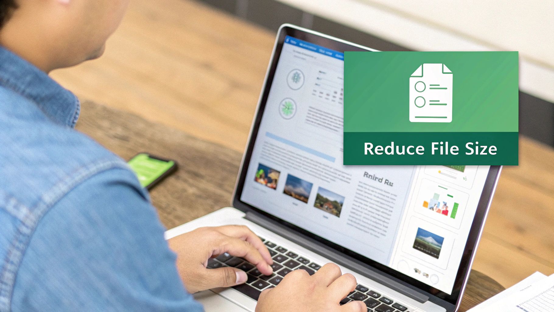 A person uses a laptop displaying a 'Reduce File Size' prompt, suggesting document optimization.