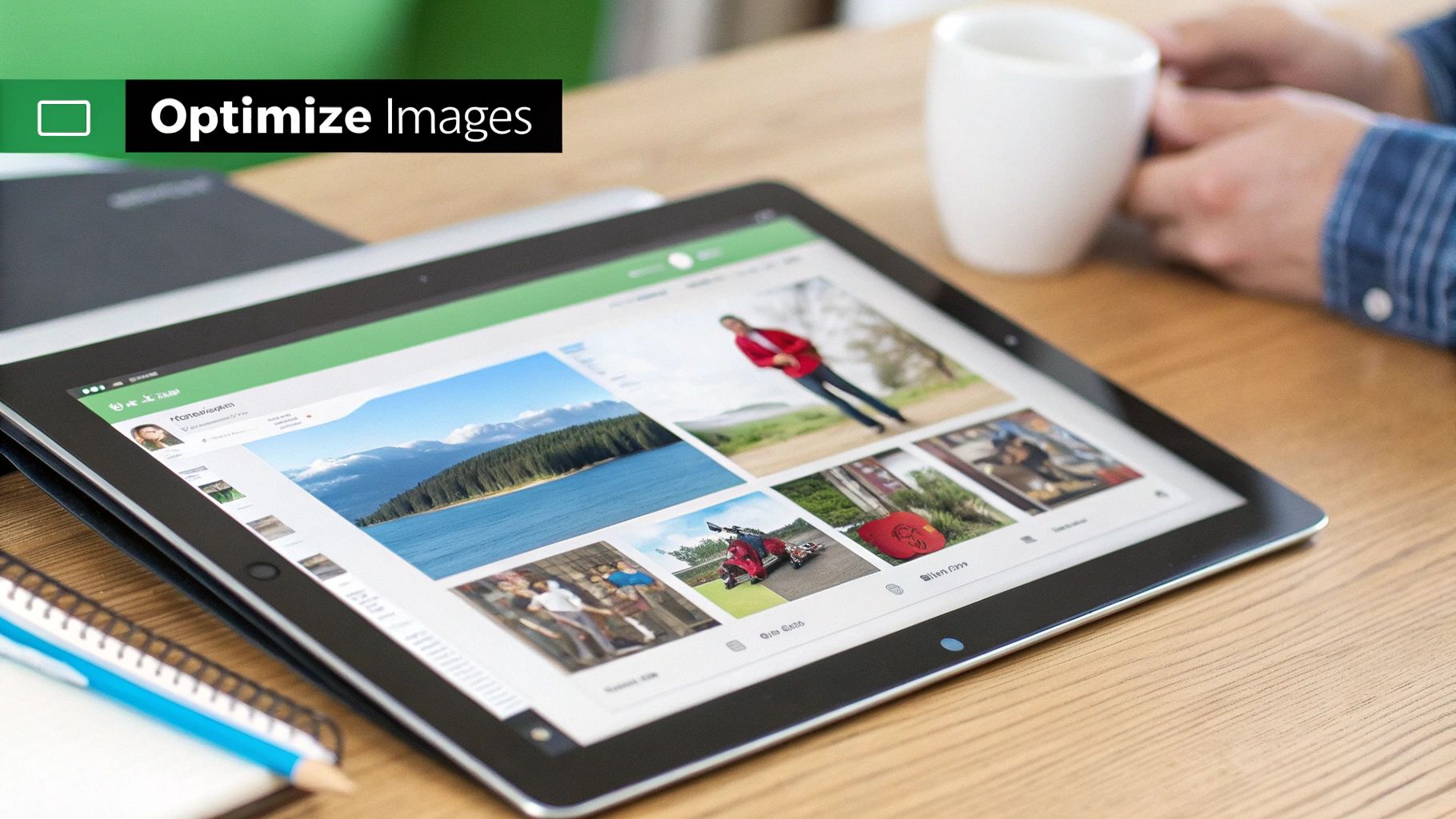 Hands holding a tablet displaying a photo gallery, with an 'Optimize Images' banner.