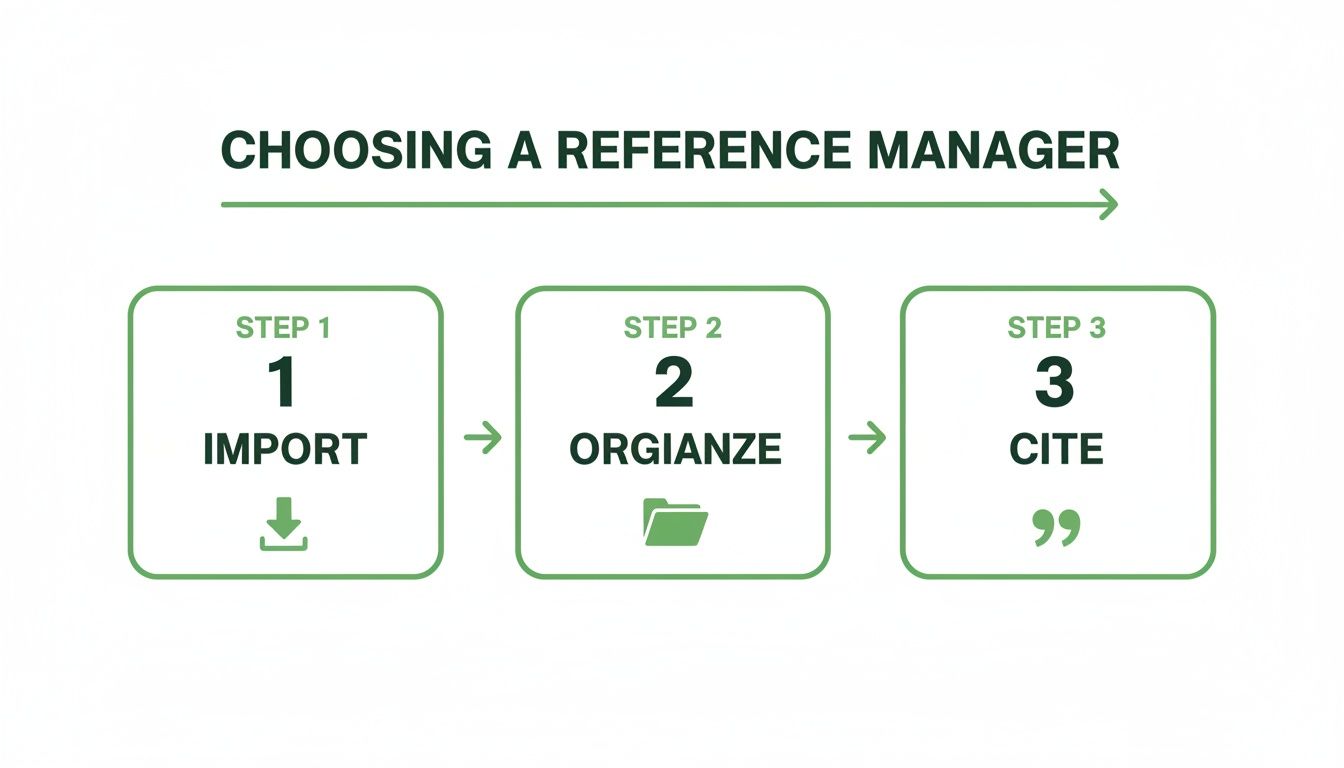 A visual guide illustrating three steps for choosing a reference manager: import, organize, and cite.