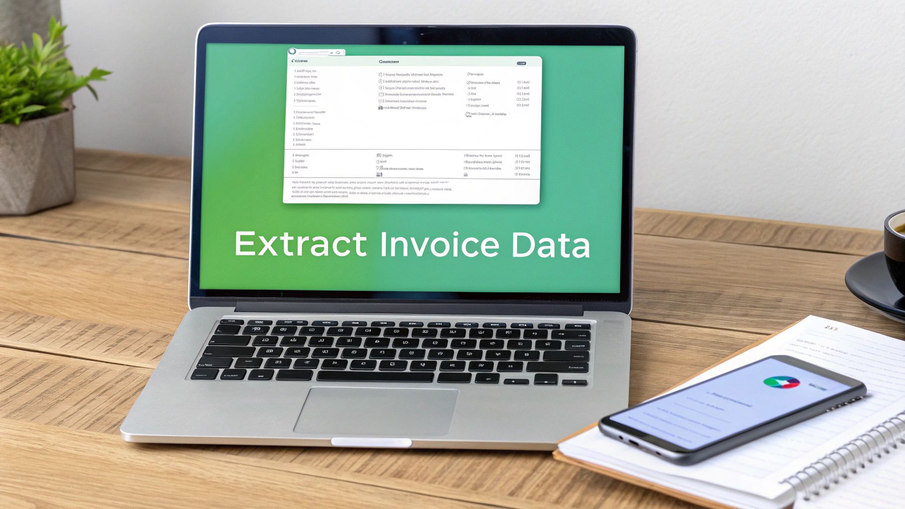 A laptop on a wooden desk displays 'Extract Invoice Data' on its screen, alongside a smartphone and notebook.