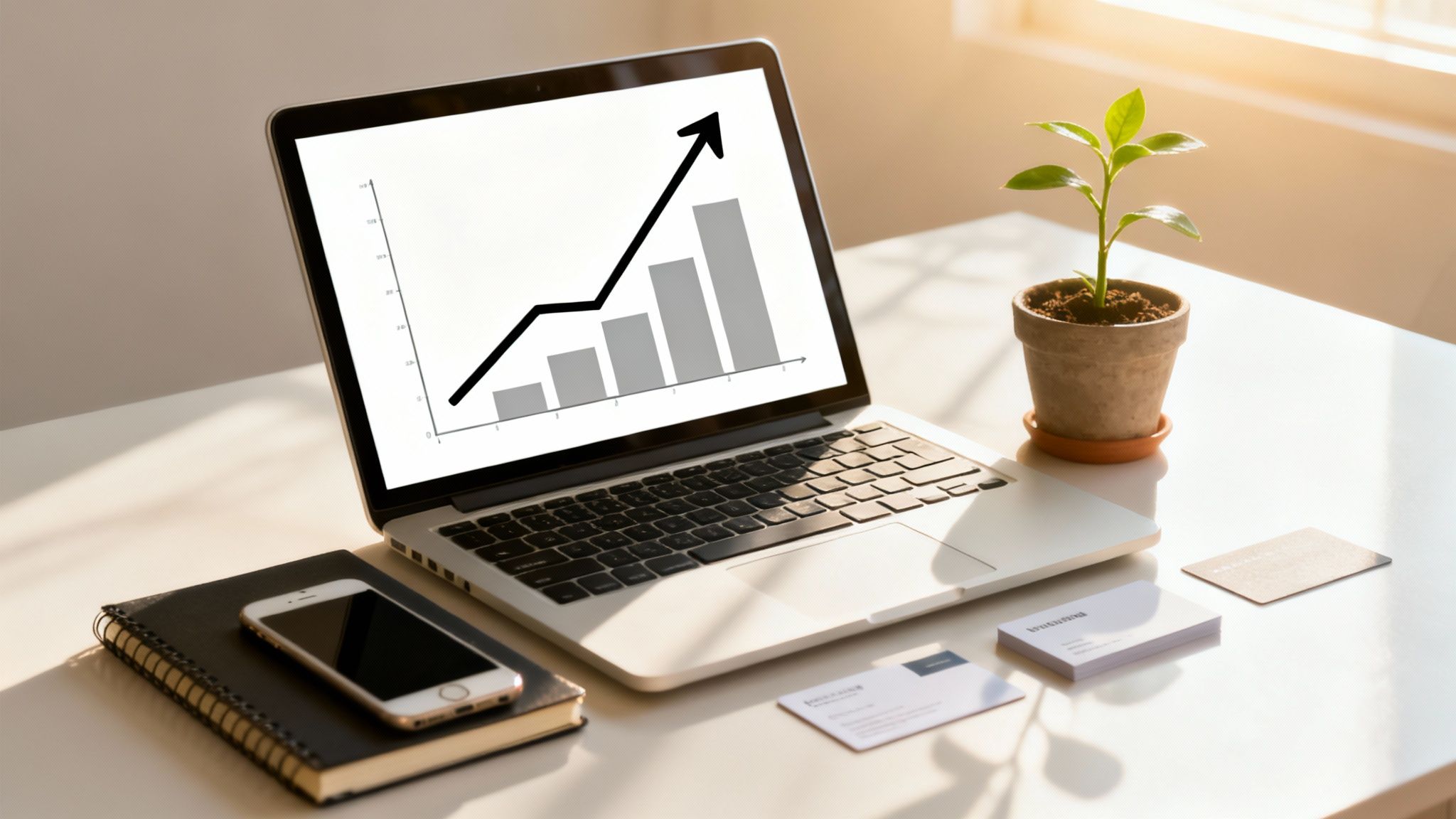 Un laptop deschis afișează un grafic de creștere, alături de un smartphone, caiet, plante și cărți de vizită pe un birou luminos.