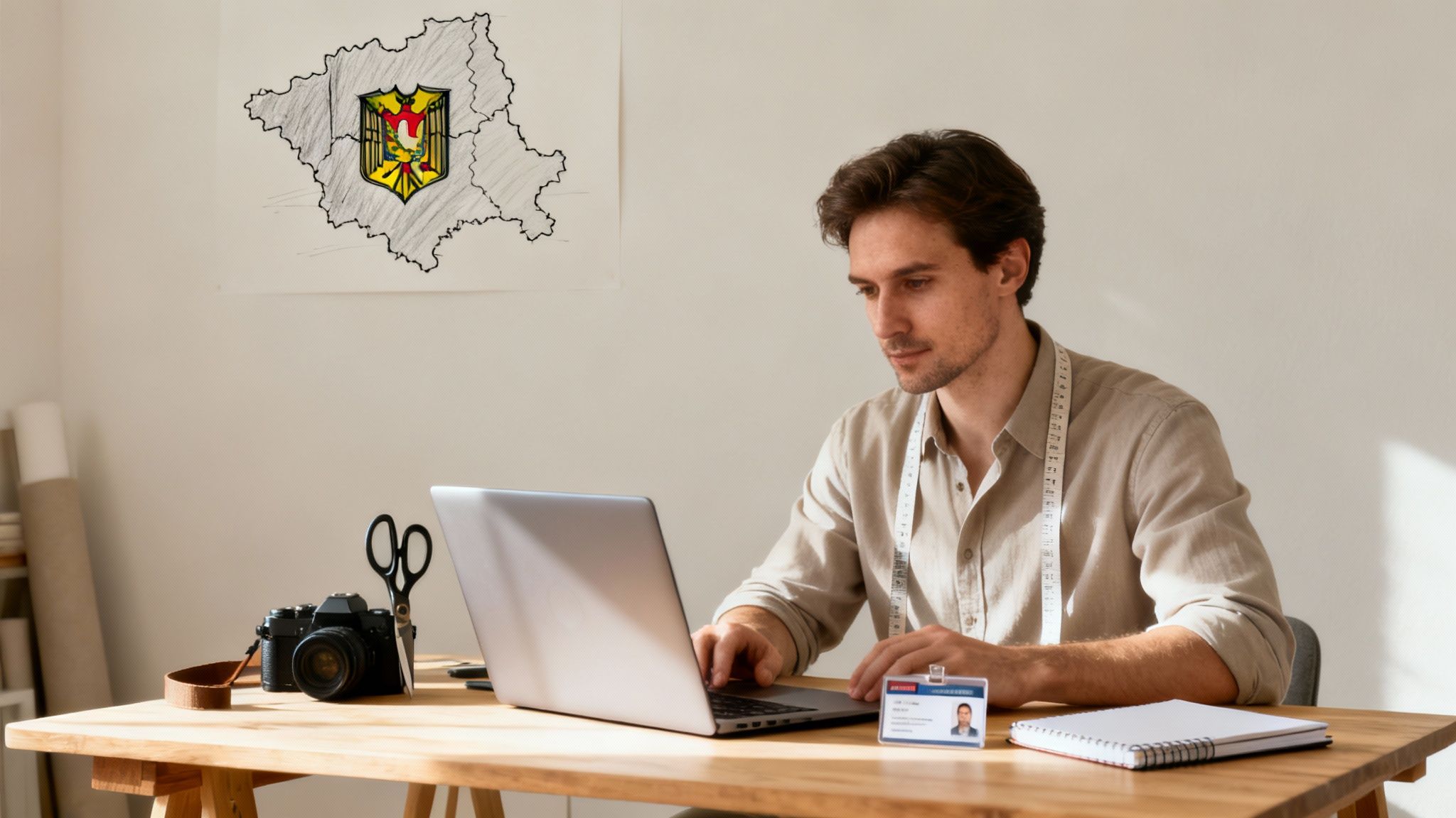 Un bărbat lucrează la laptop pe un birou cu o cameră, foarfecă și un ecuson, având o hartă pe perete.