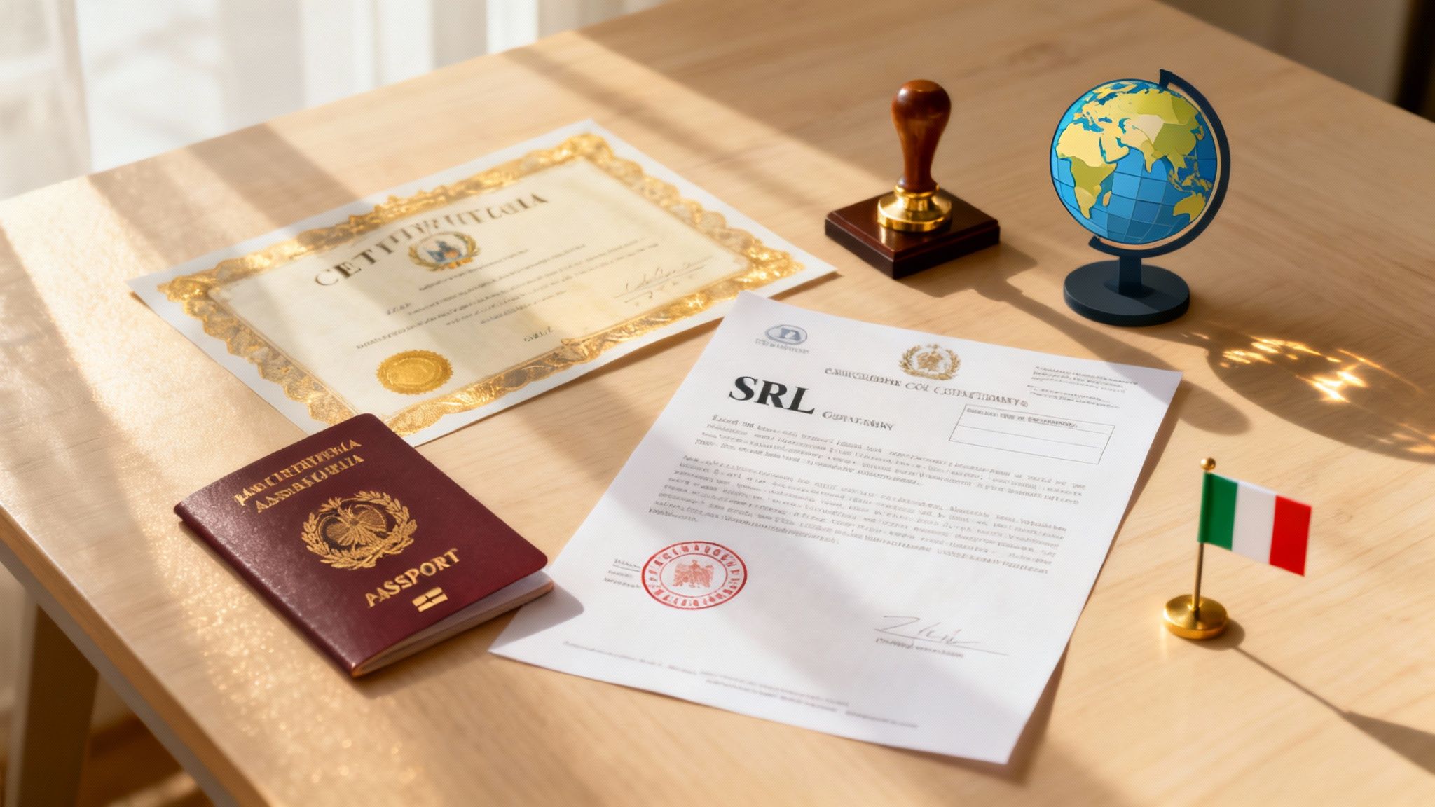 Documente de afaceri și pașapoarte, ștampilă, glob pământesc și steag italian pe masă, sugerând servicii notariale.