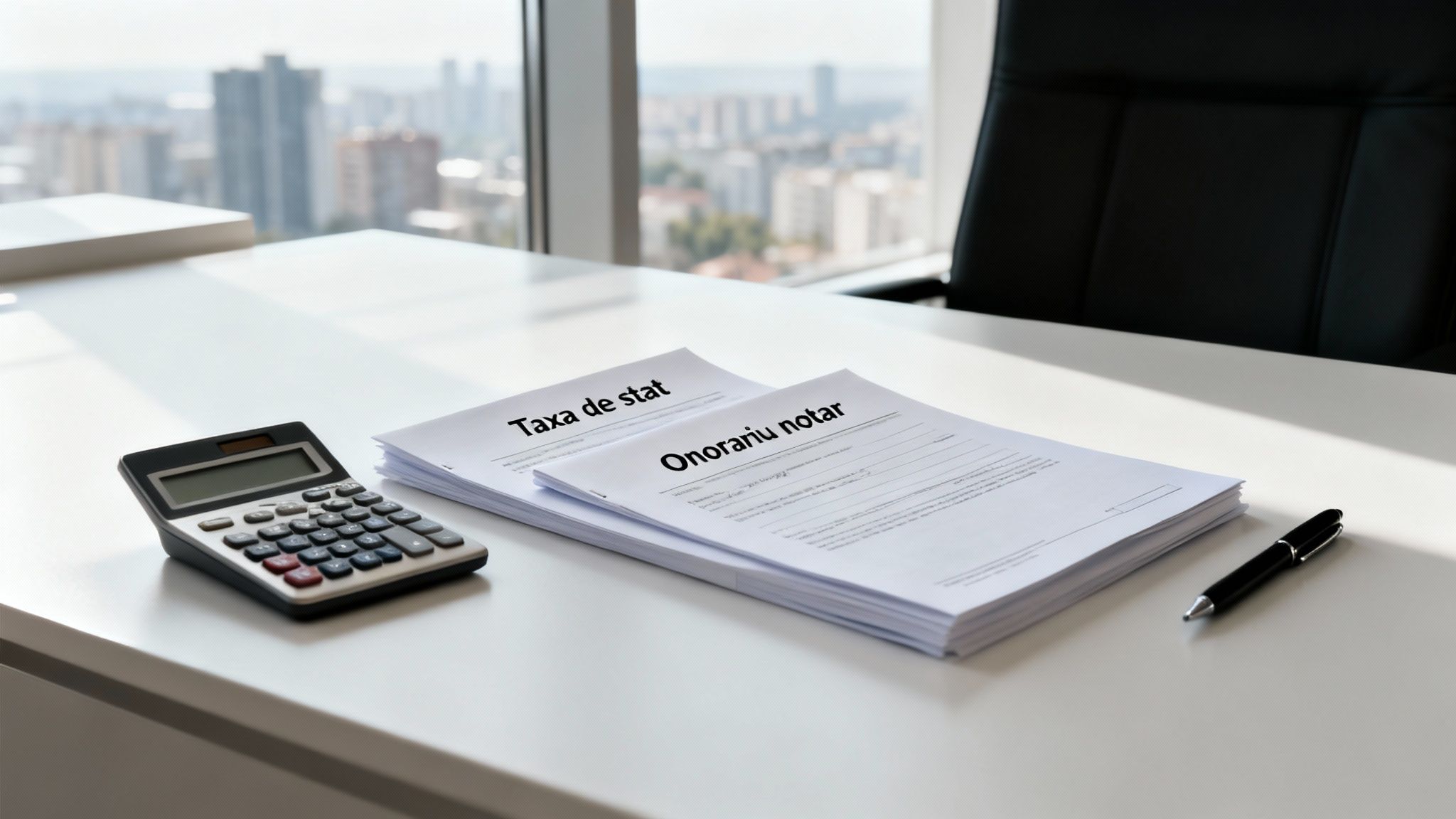 Calculator, documente notariale și un pix pe un birou alb, cu vedere panoramică la oraș.