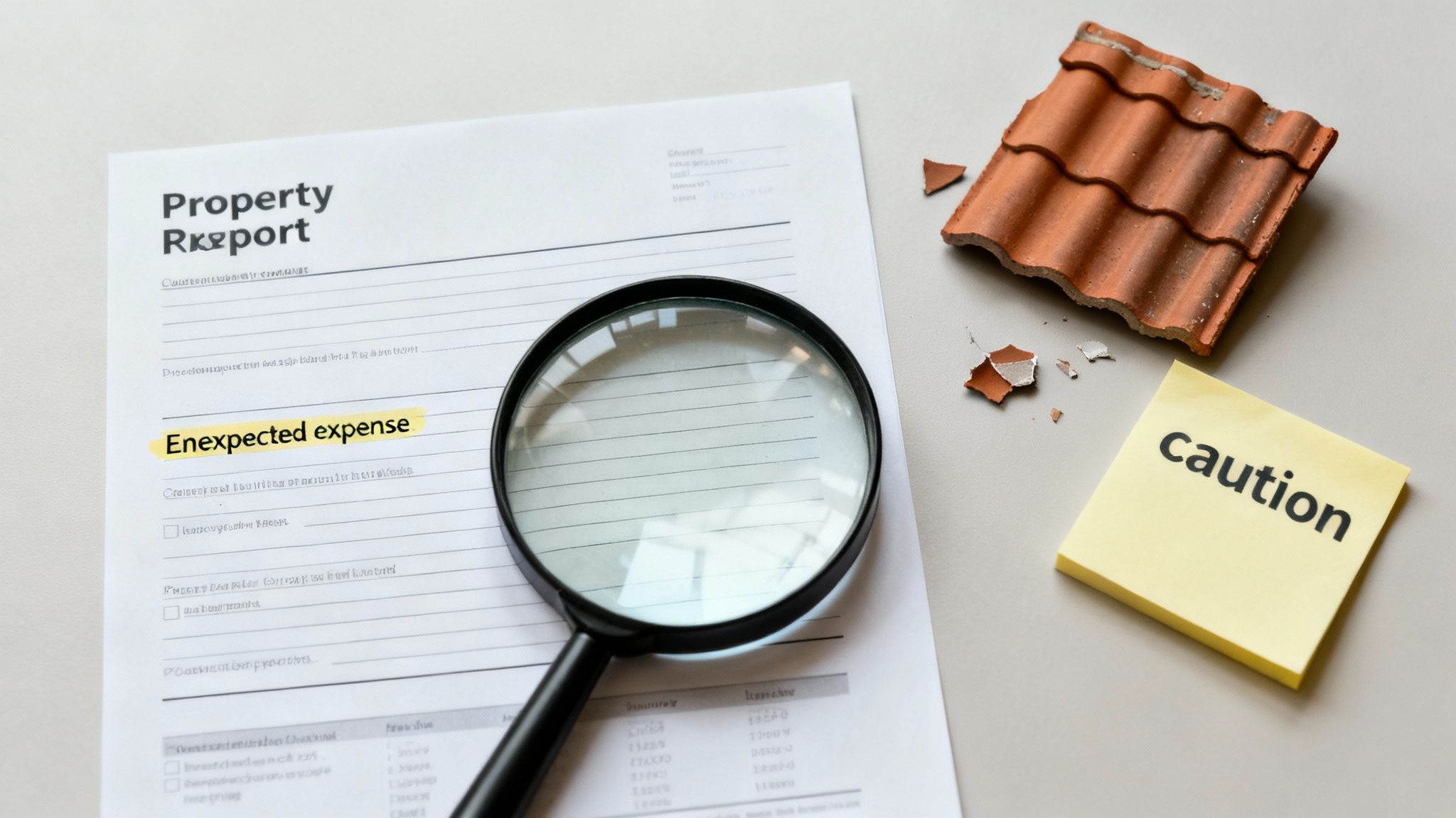 Property report document with magnifying glass highlighting unexpected expenses and damaged roof tiles with caution note