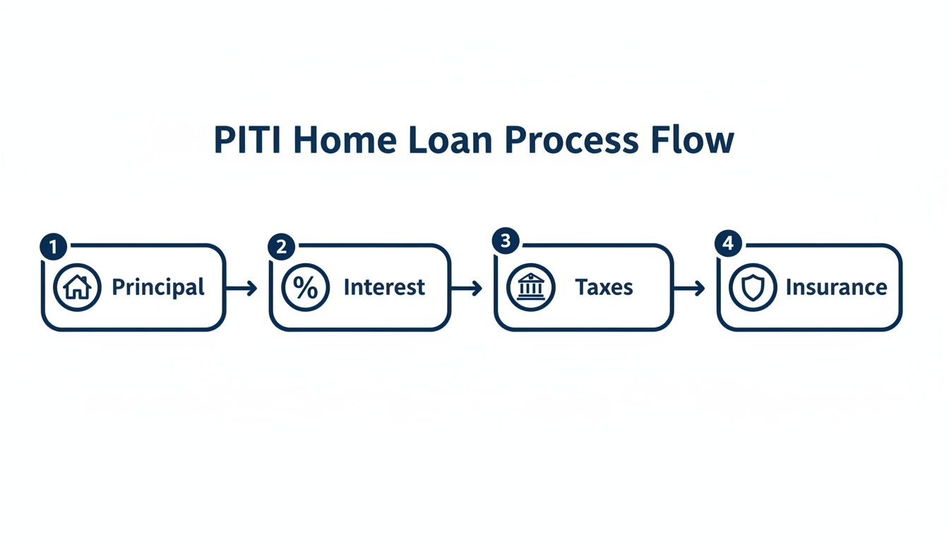 A PITI home loan process flow chart showing principal, interest, taxes, and insurance steps.