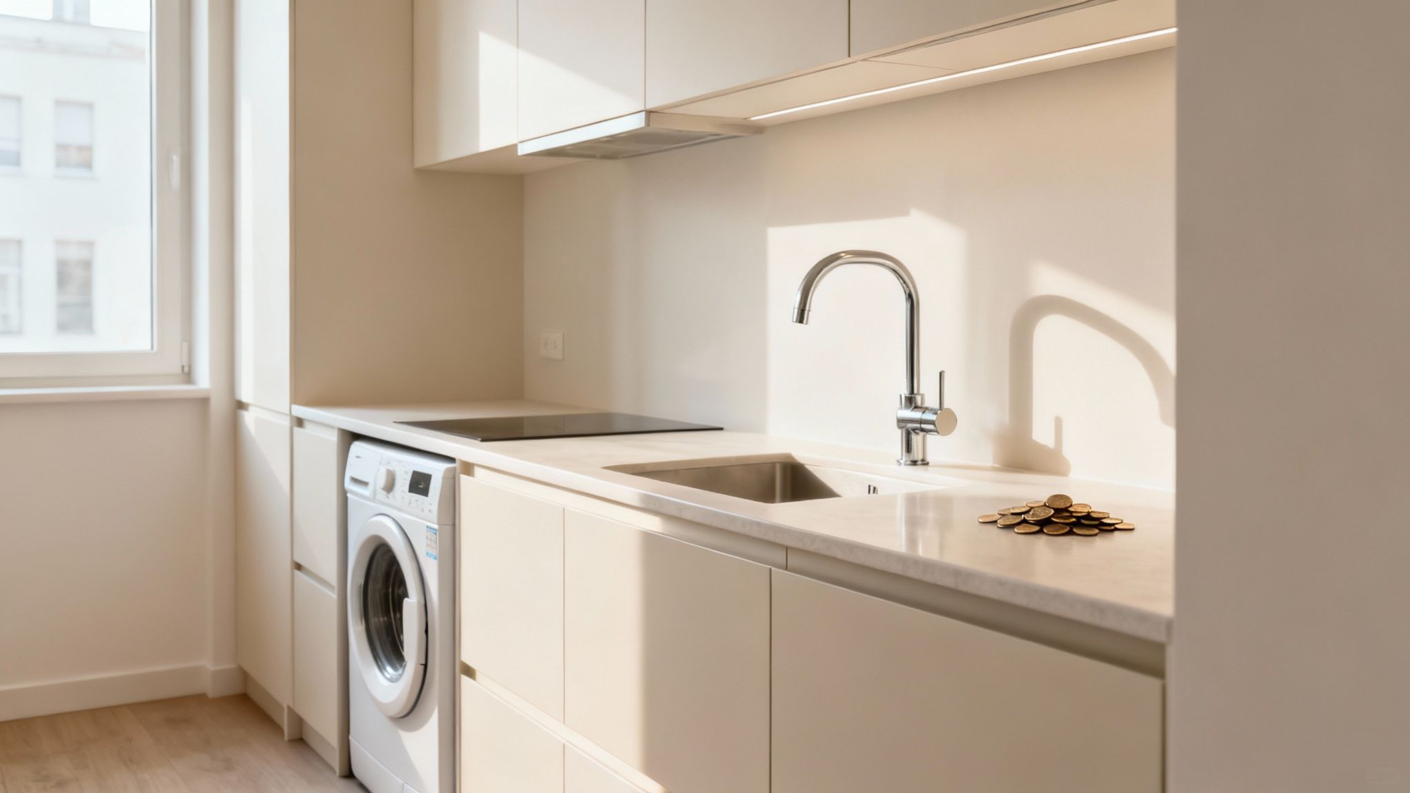 A modern, renovated kitchen in a rental property, showcasing new appliances and countertops.