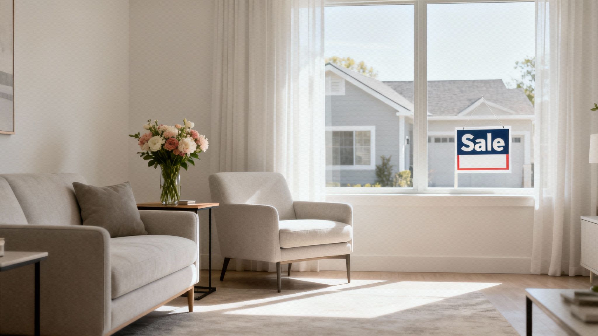 A beautifully staged living room in a flipped house, ready for marketing photos