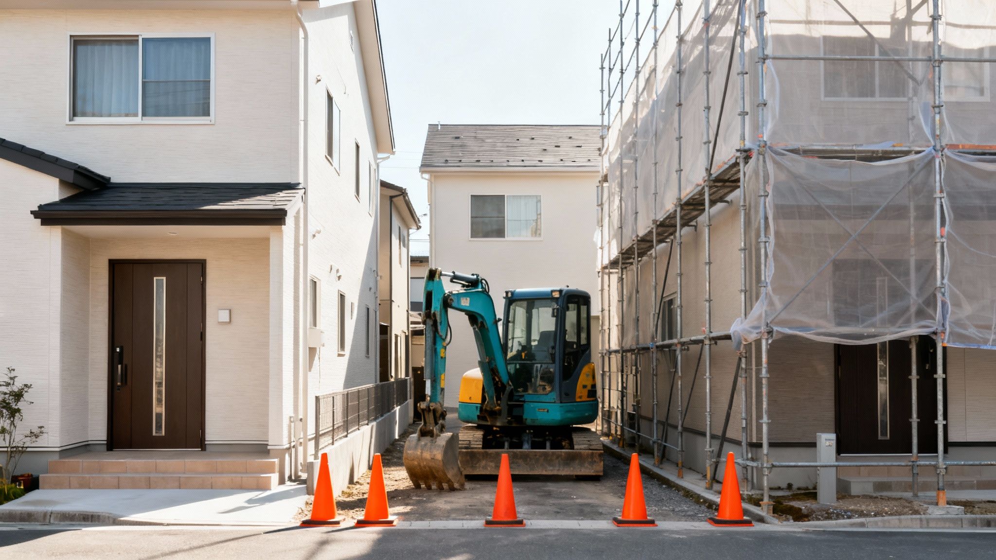Residential street with modern houses, an excavator, and a building under construction with scaffolding.