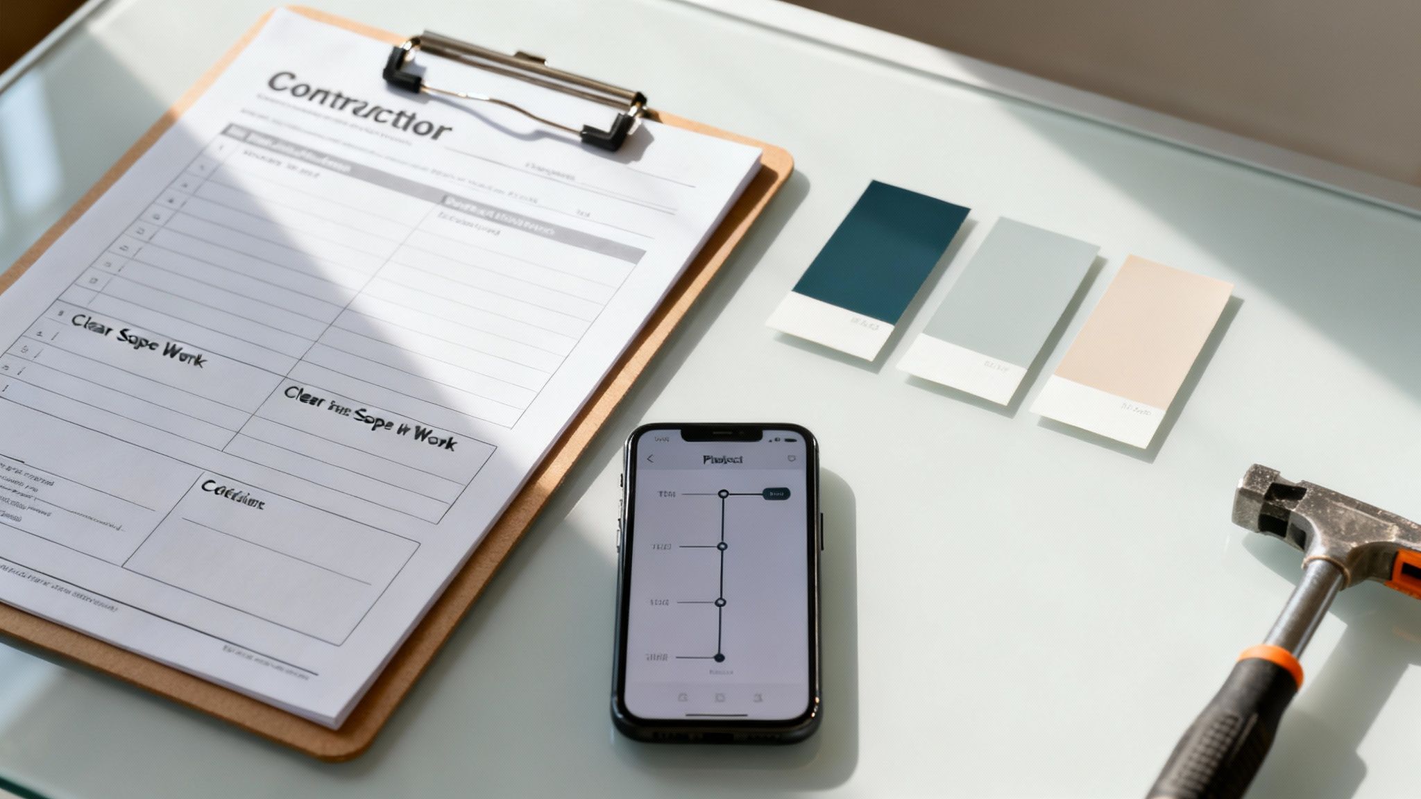 A contractor's clipboard, smartphone with a project timeline, color swatches, and a hammer on a table.