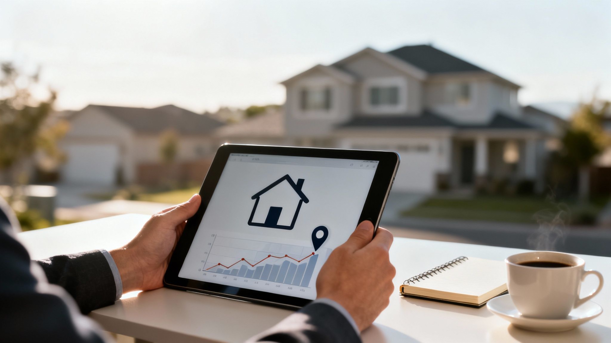 Hands hold a tablet displaying real estate market analysis with a house icon and an upward trend graph, overlooking suburban homes.