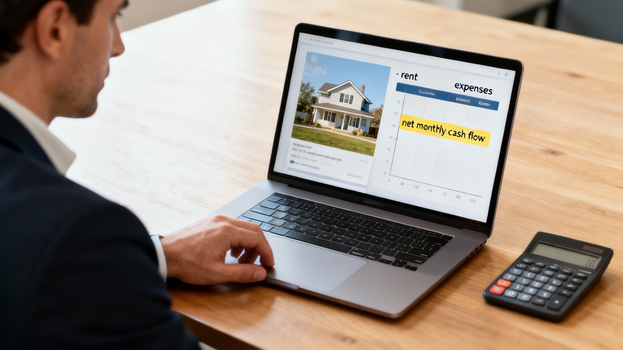 A person using a calculator and reviewing documents to analyze a real estate investment.