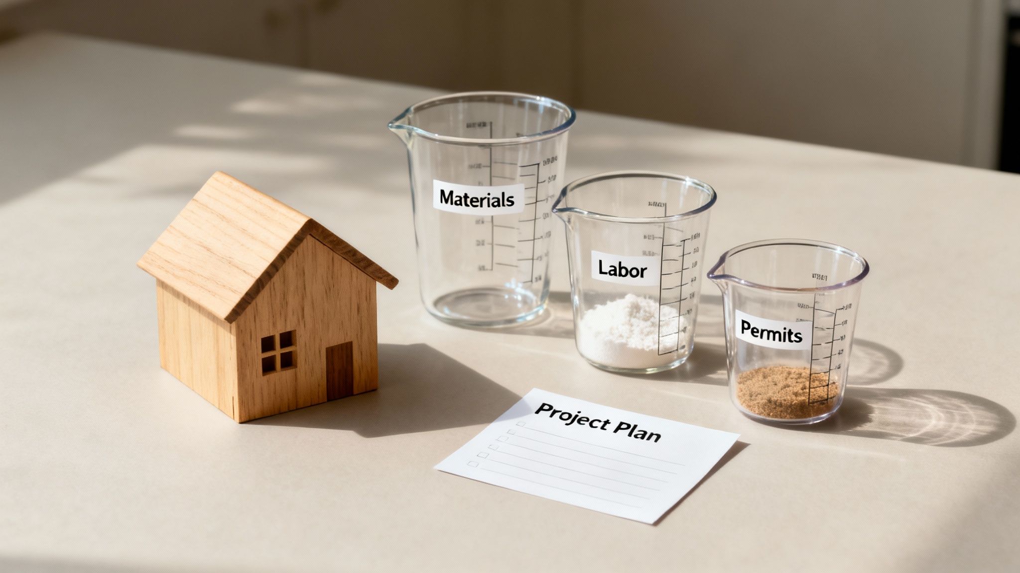 Miniature wooden house, beakers for materials, labor, permits, and a 