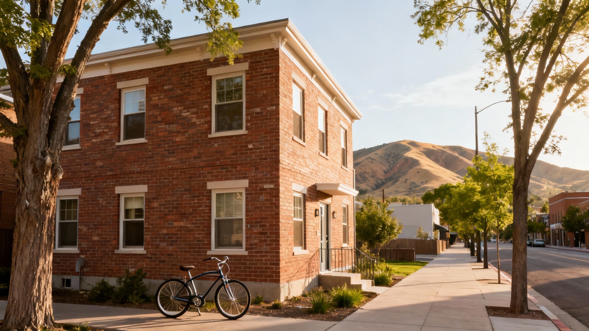 A charming brick house on a sunny street with a bicycle, trees, and distant hills.