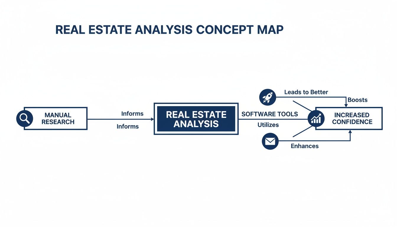 A concept map showing how manual research informs real estate analysis, leading to increased confidence.
