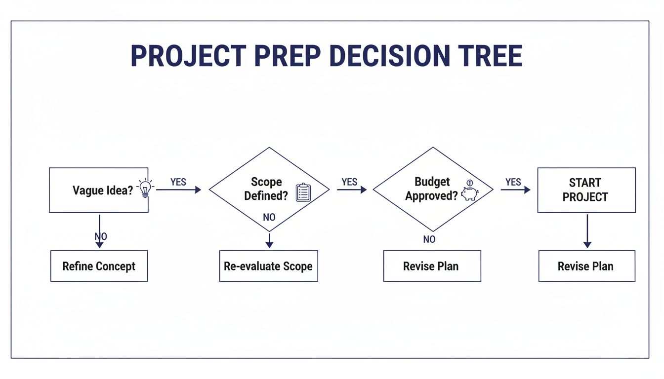 A flowchart titled 'Project Prep Decision Tree' outlining steps for project initiation.