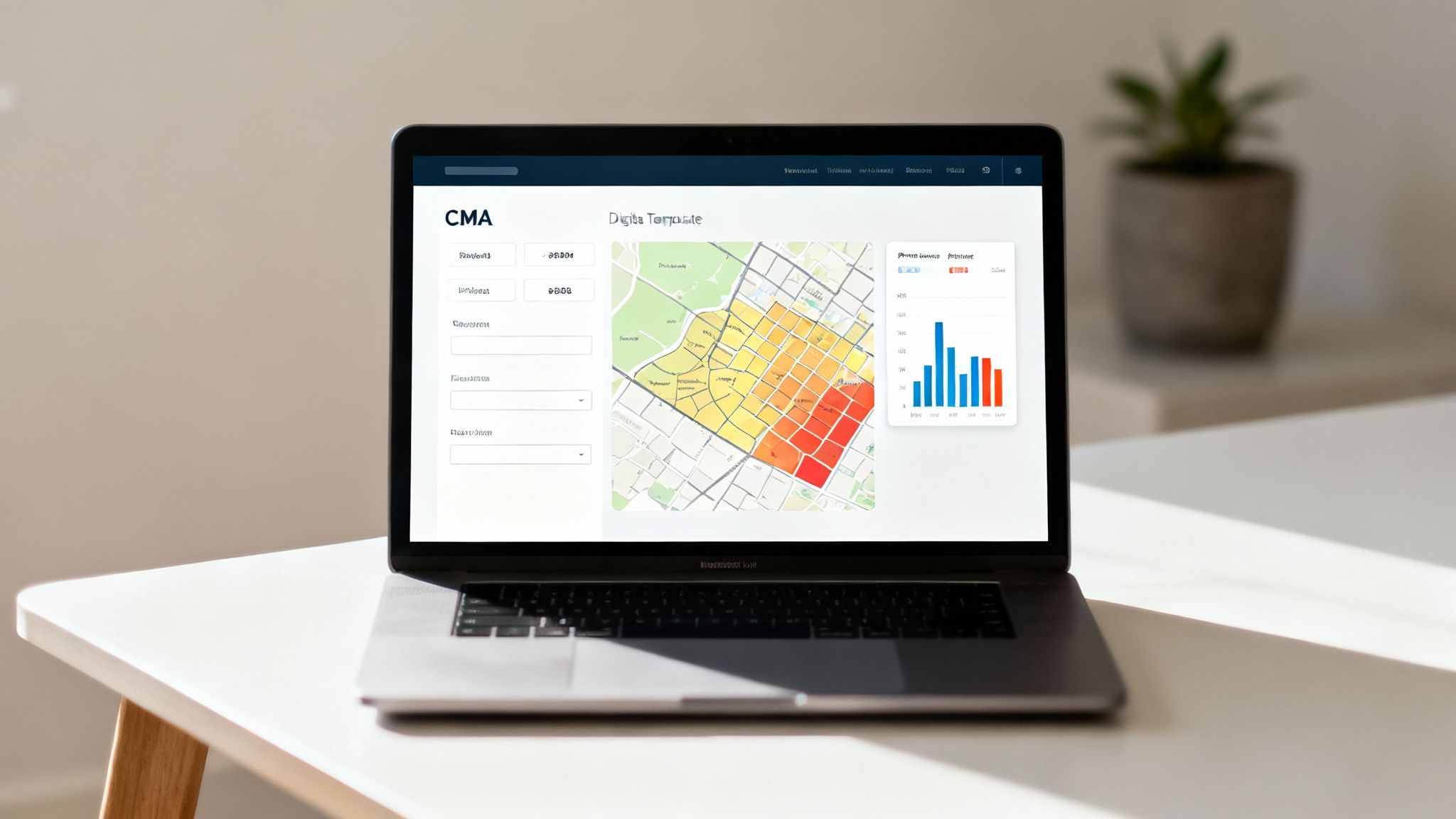 A comparative market analysis report displayed on a digital tablet with charts and data visualizations.