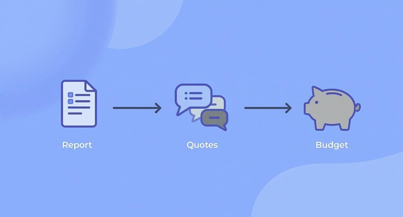 Infographic showing a three-step process: reviewing the inspection report, getting contractor quotes, and creating a final repair budget.