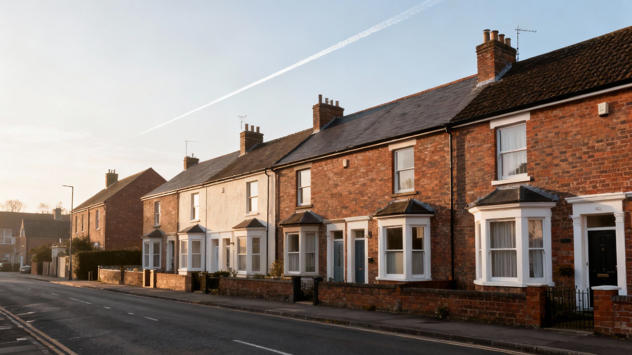 A row of traditional terraced houses with brick and painted facades along a residential street under a clear sky.
