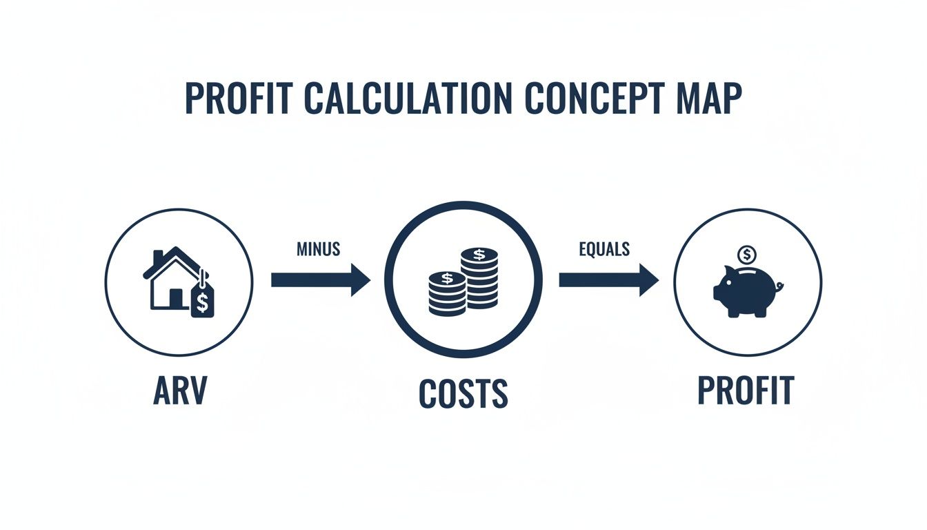 A concept map illustrating profit calculation: After Repair Value (ARV) minus Costs equals Profit.