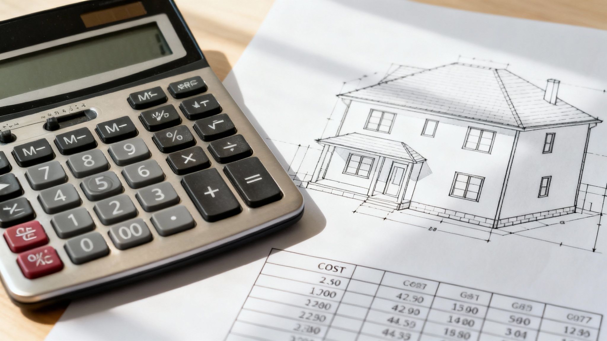 A person using a calculator with a property's financial documents nearby, illustrating the process of calculating holding costs.
