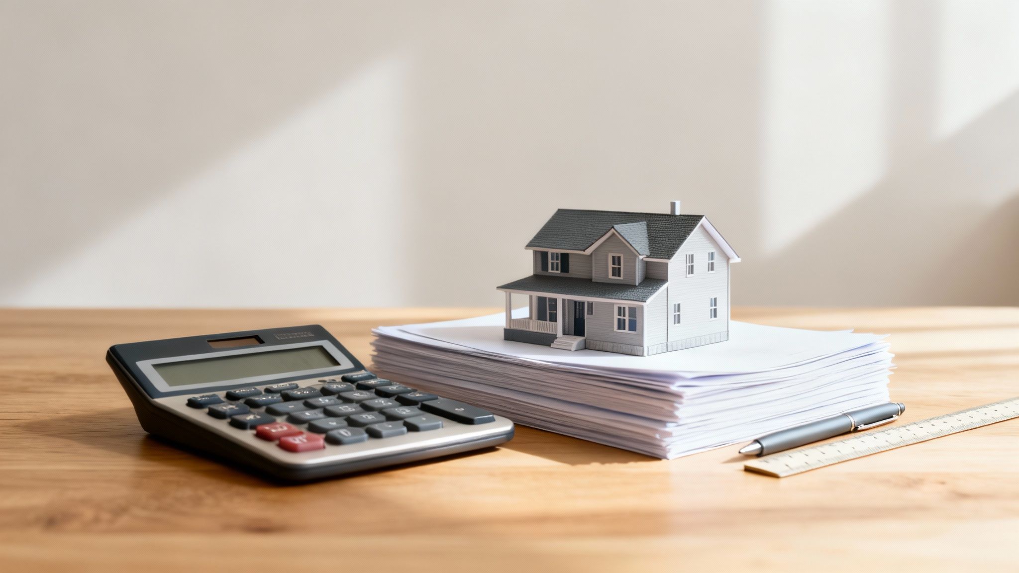 Desk setup with a house model, calculator, papers, pen, and ruler for real estate planning.
