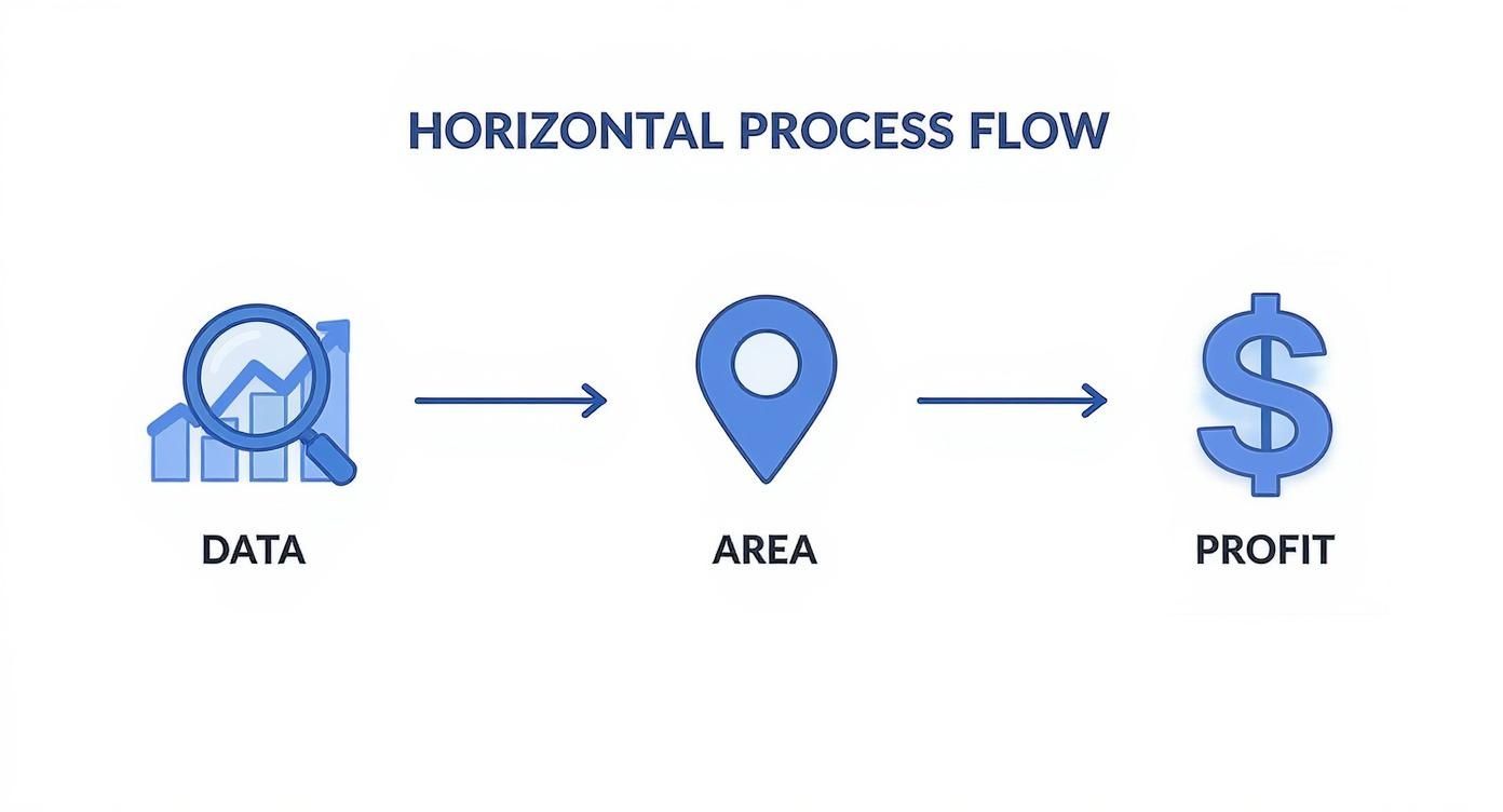 Infographic showing a process flow for market analysis with icons for Data, Area, and Profit.
