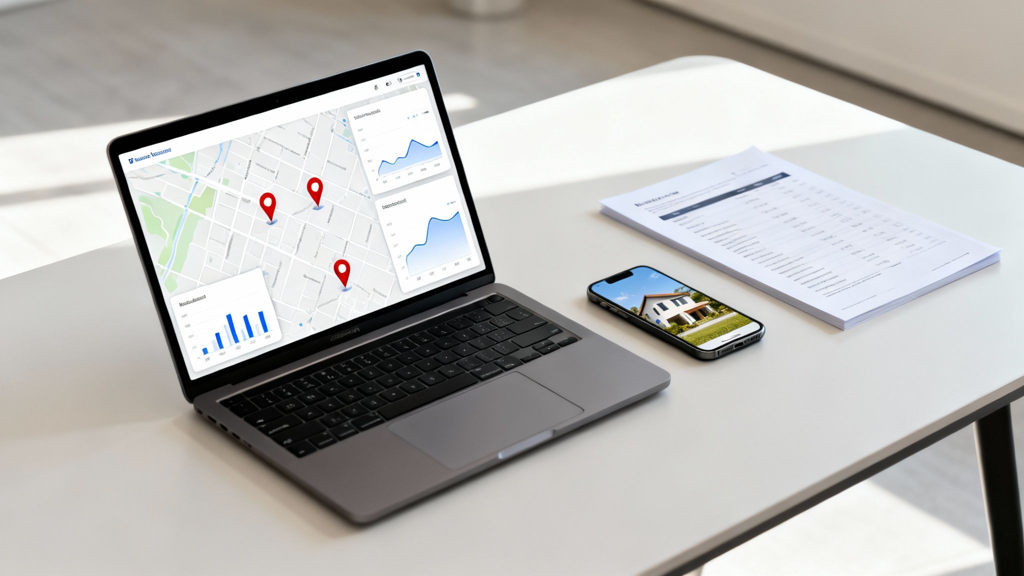 Laptop displaying real estate data with a map and charts, a phone showing a house, and documents on a desk.