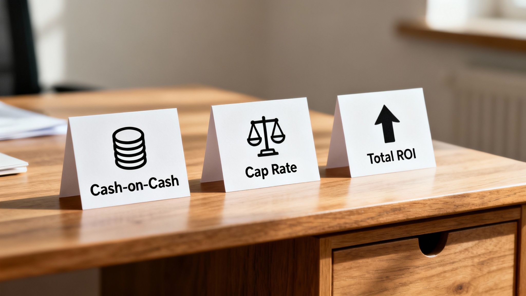 Three white cards on a wooden desk showing real estate investment metrics: Cash-on-Cash, Cap Rate, and Total ROI.