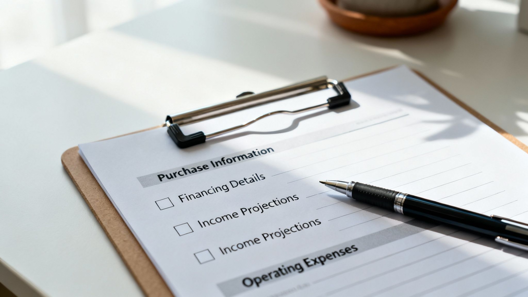 A close-up of a financial document on a clipboard with a pen, showing 'Purchase Information' and 'Operating Expenses' sections.