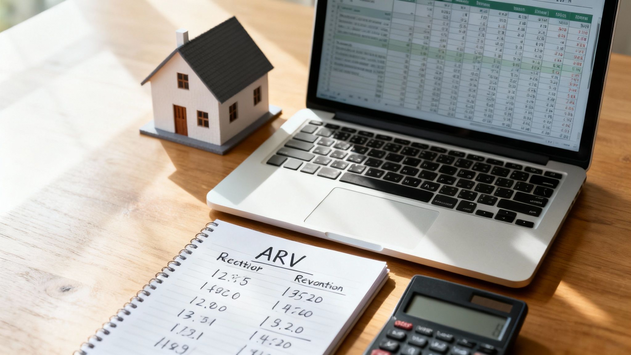 Miniature house, laptop with spreadsheet, notebook, and calculator on a wooden desk for real estate planning.