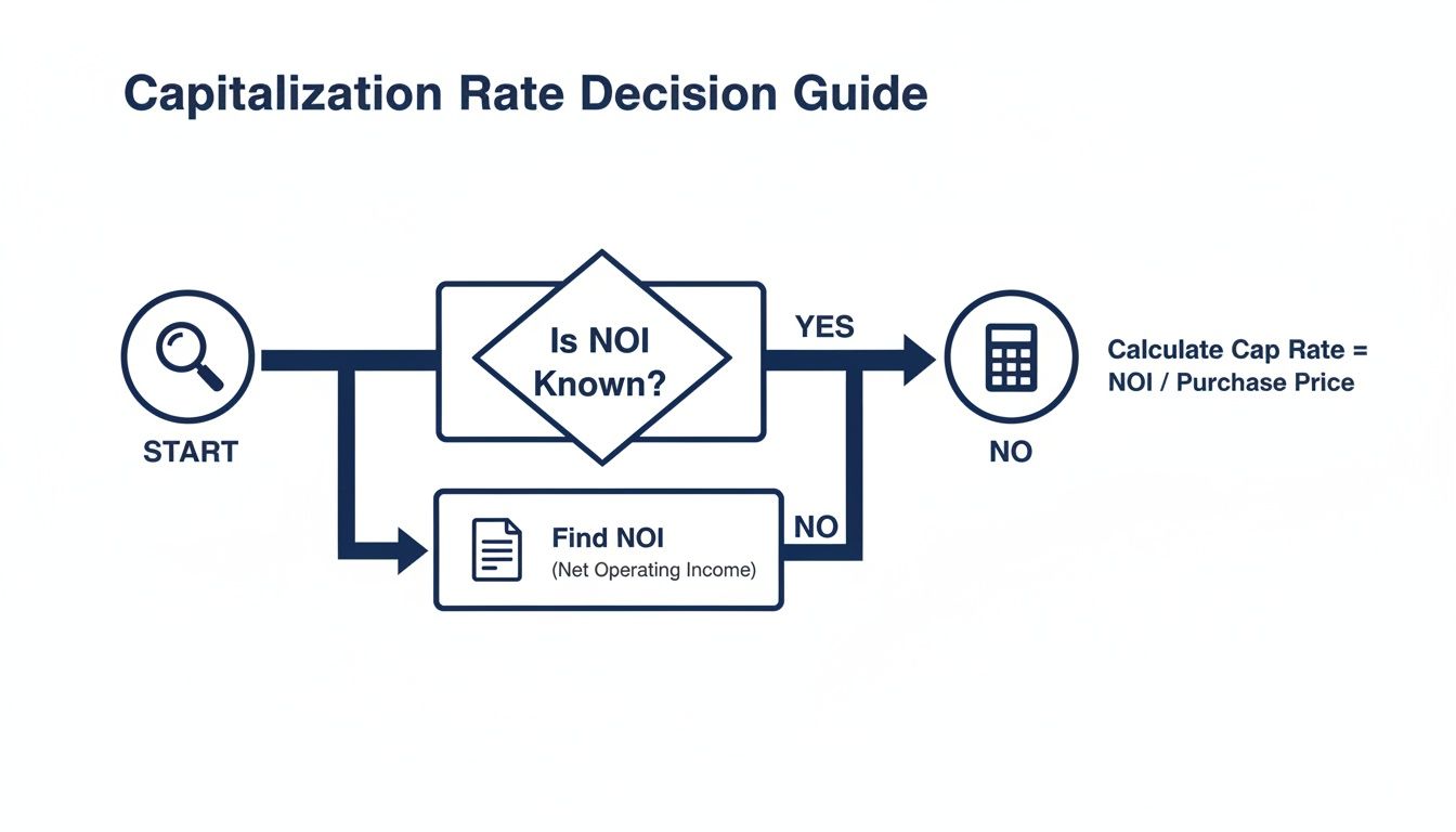 Flowchart illustrating the decision process for calculating capitalization rate (cap rate) using NOI.