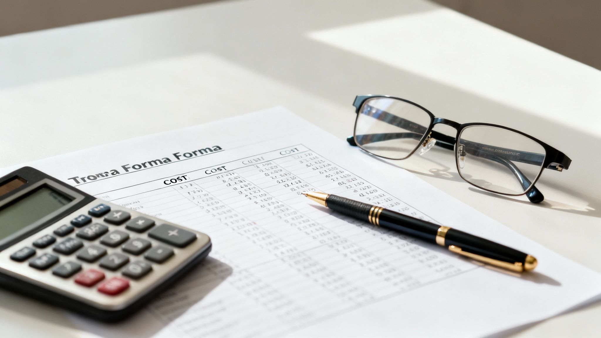 A person using a calculator with financial charts and a house model in the background.