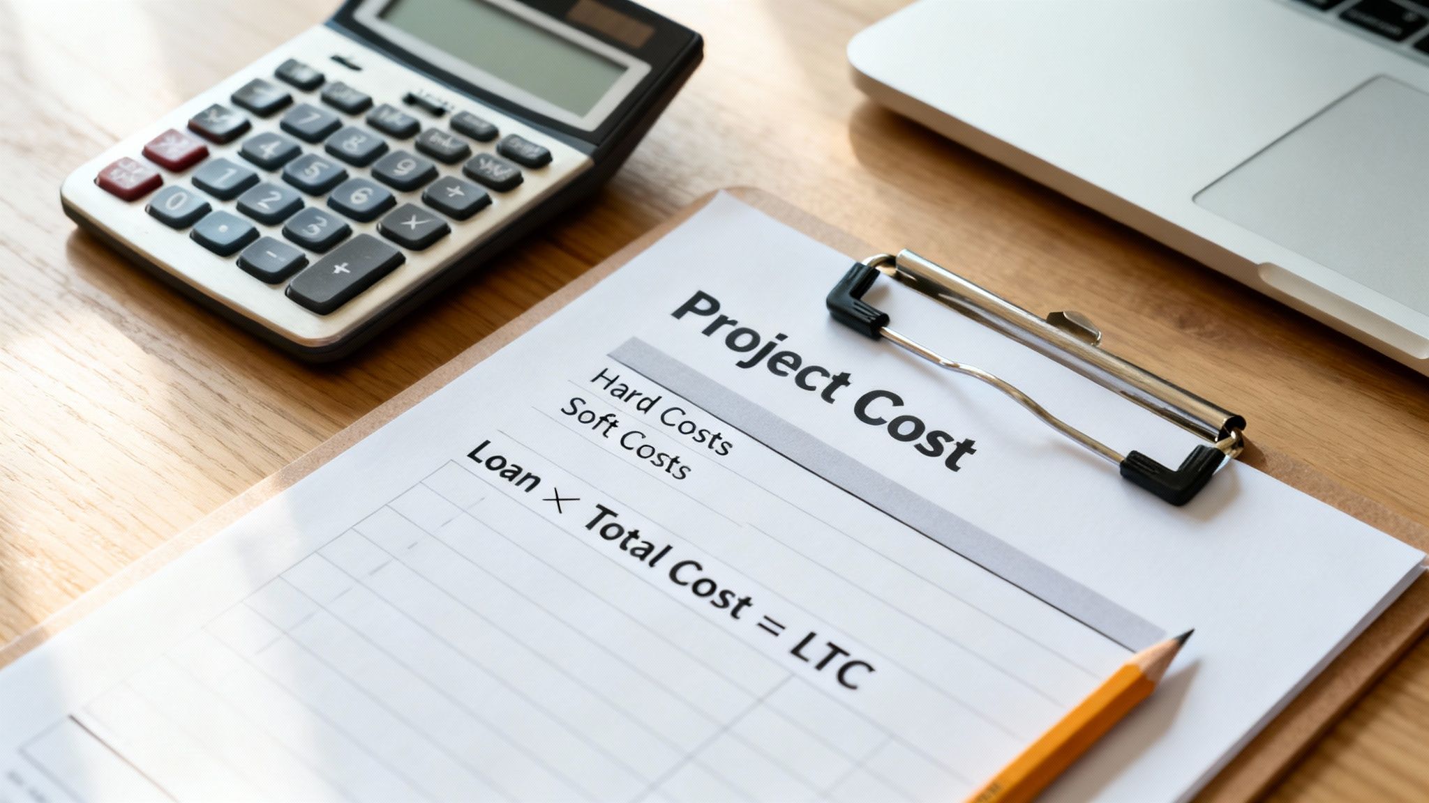 A project cost sheet on a clipboard with a calculator, laptop, and pencil on a wooden desk.