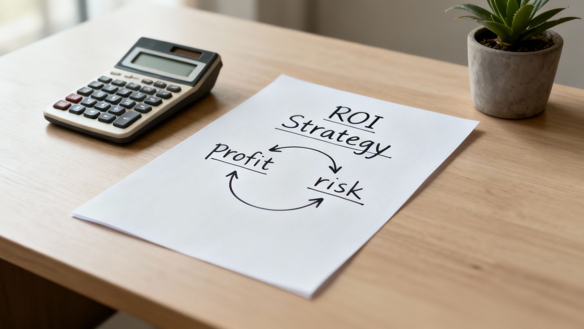 Real estate investor using a calculator to figure out the return on investment for a rental property.