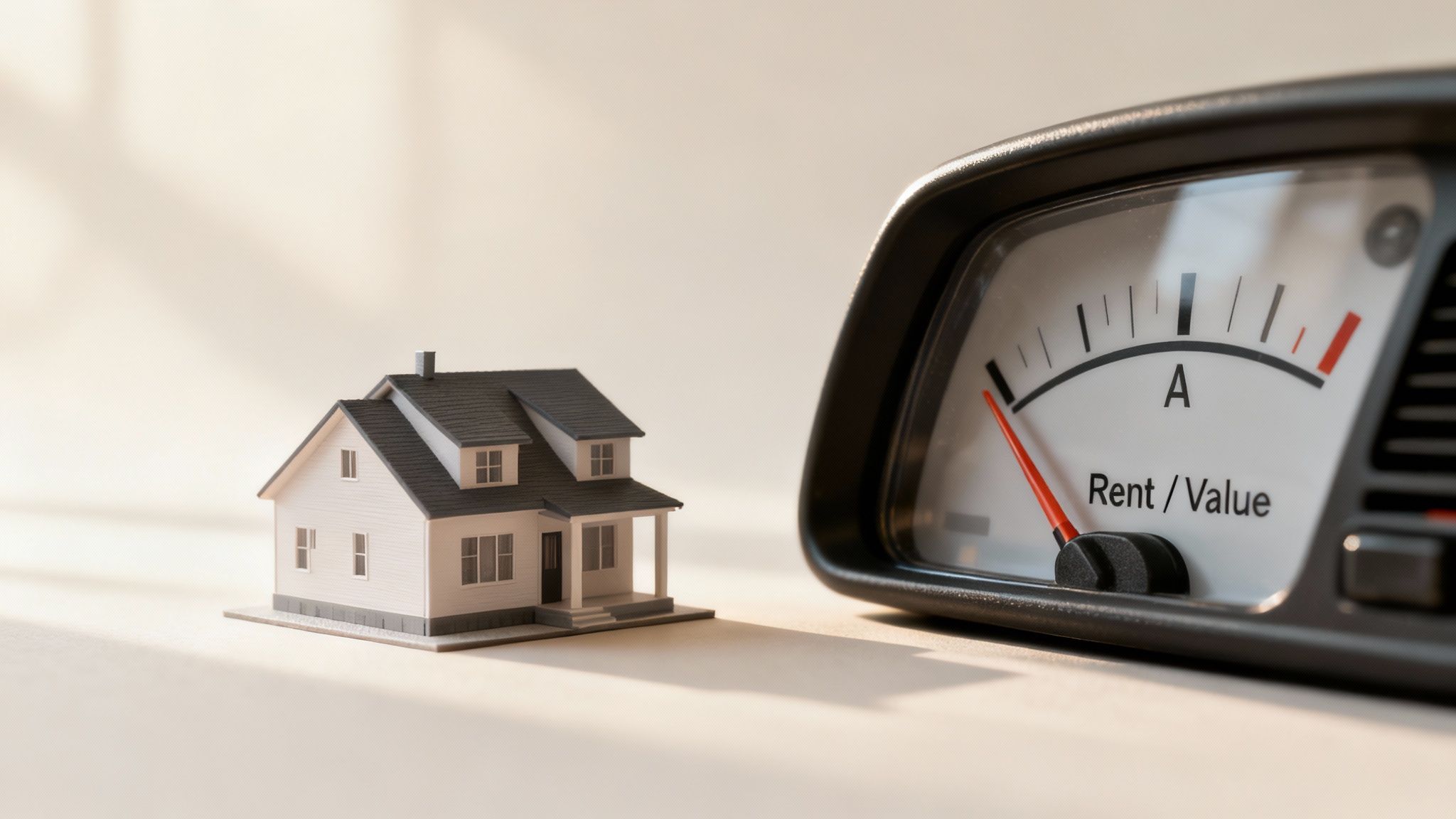 A miniature house model stands next to a gauge showing a low 'Rent / Value' ratio.