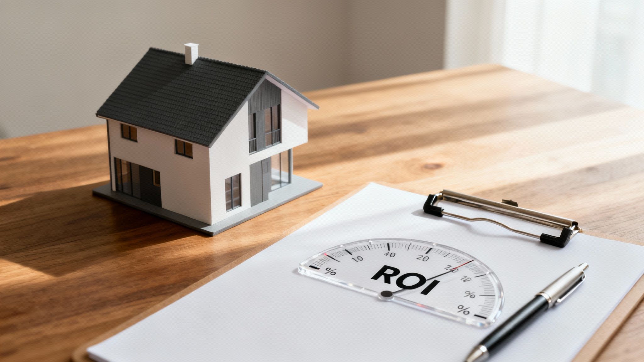 A model house, ROI gauge, pen, and clipboard on a wooden table, symbolizing real estate investment.