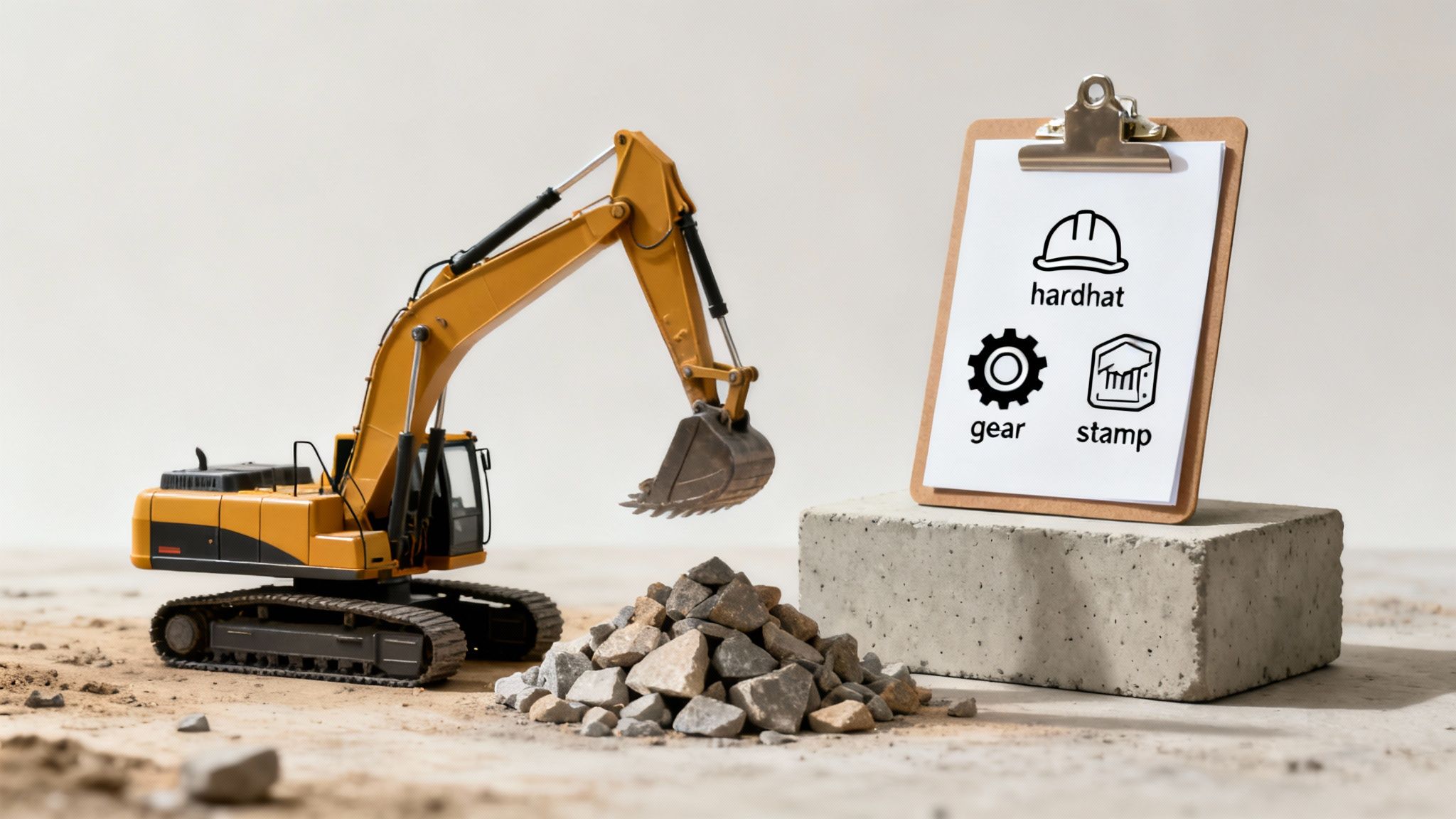 A small yellow excavator moving rubble next to a clipboard with hardhat, gear, and stamp icons.