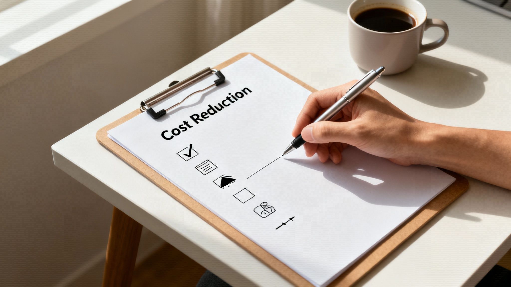 A person's hand turning down a dial on a thermostat-like device with a dollar sign on it, representing cost reduction.